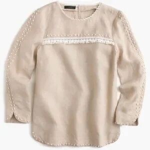 J.Crew Linen Long Sleeve Top Size 00 Ivory Pom Trim